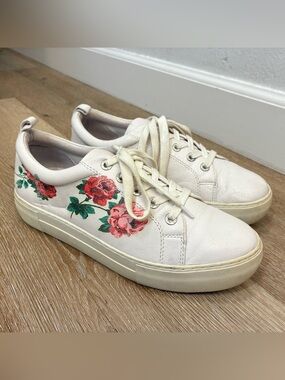 J/Slides NYC Adel Rose-Print Sneakers White Leather Women’s Shoes Size 8.5 M